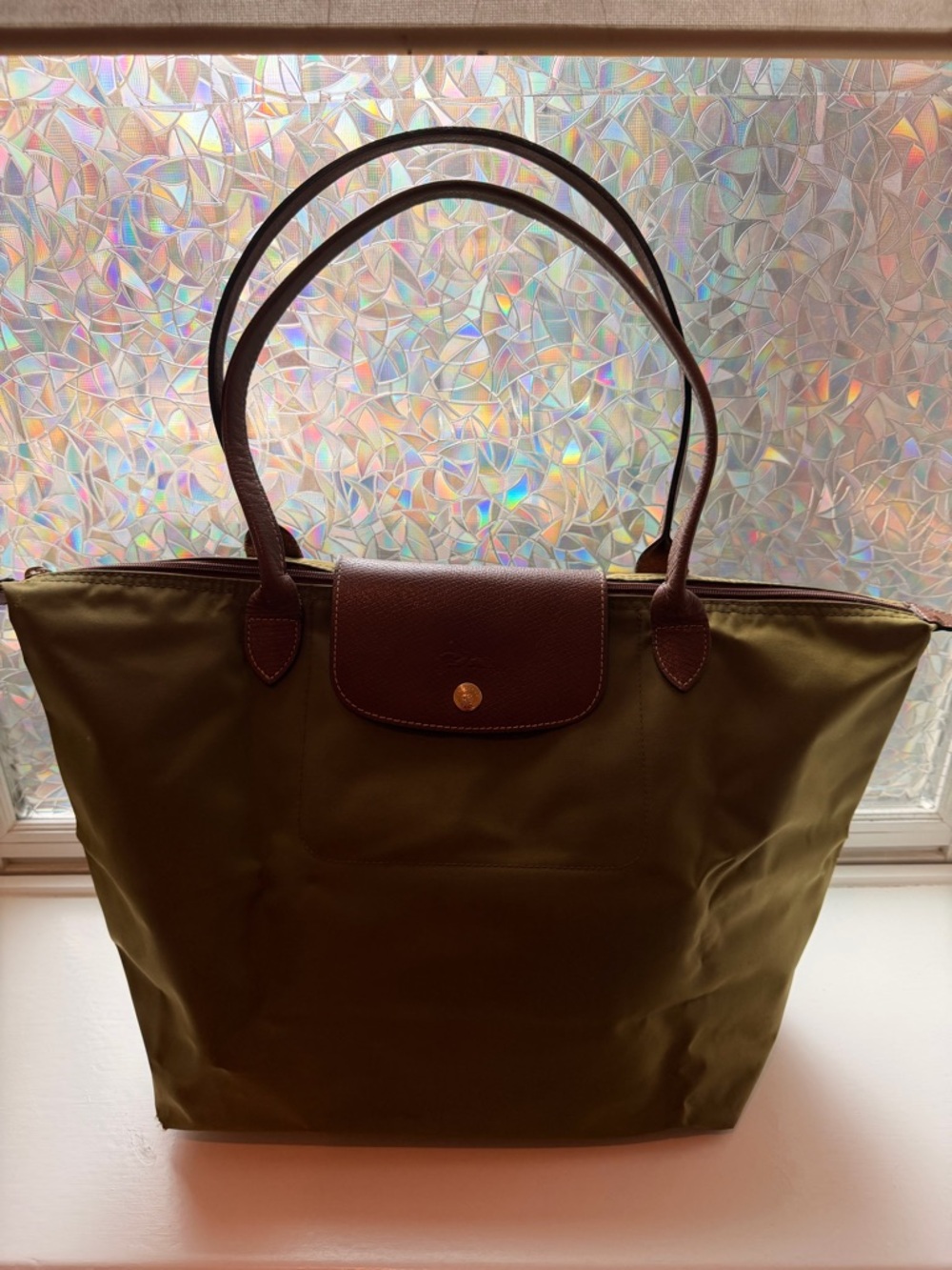 Longchamp Olive Green Nylon Tote with Brown Leather Trim